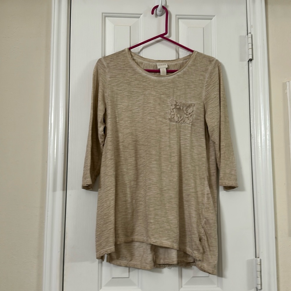 Tea colored Chicos t-shirt, with lace pocket and lace inset on back